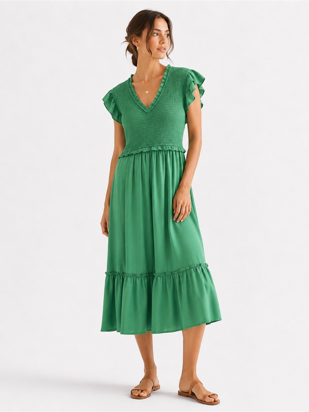 Voy NEW Smocked Flutter Sleeve Dress Emerald Green Boho Cottagecore Tiered L